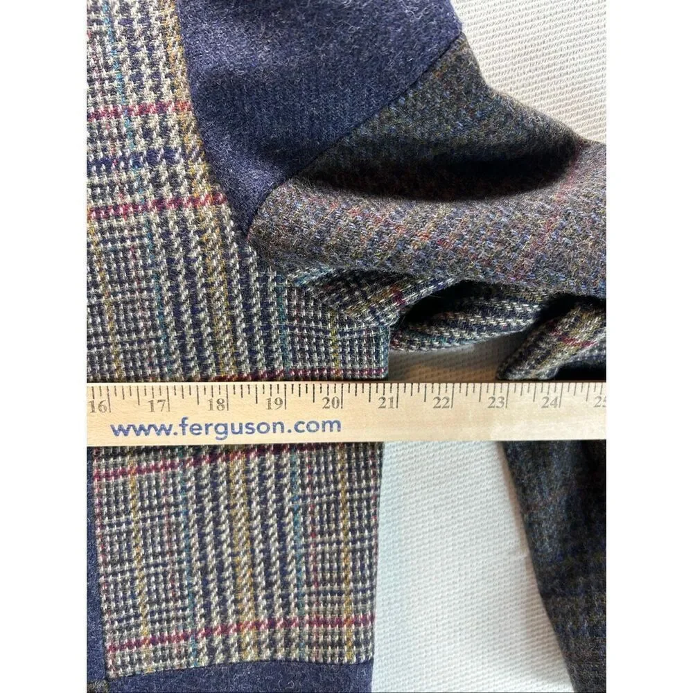 Patchwork Wool Jacket Blue Plaid Zip Front Vtg10 Dark Academia Quiet Luxury